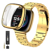 abordables Correas de reloj Fitbit-Correa de Smartwatch Compatible con Fitbit Versa 4 Sense 2 Versa 3 Sense Versa 2 Acero Inoxidable Reloj inteligente Correa con caso con herramienta de eliminación Cierre Metálico Correa Deportiva