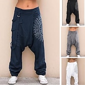 cheap Retro-Men&#039;s Harem Trousers Summer Pants Tapered Carrot Pants Baggy Pants Elastic Waist Print Multiple Pockets Graphic Prints Comfort Soft Casual Daily Stylish Classic Style Black White