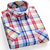 Men's Dress Shirt Stripes and Plaid Office & Career Office Party Light Blue Black Dark Red Yellow Short Sleeve Turndown Spring & Summer Clothing Apparel 21