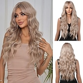 abordables Perruques Synthétiques Sans Bonnet-longue perruque rose pâle ondulée pour les femmes frange perruque cheveux synthétiques bouclés aspect naturel fibre résistante à la chaleur pour la fête quotidienne cosplay porter