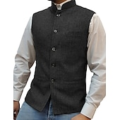 preiswerte Men&#039;s Vest-Herren Weste Nehru-Jacke Urlaub Alltagskleidung Ausgehen Mode Basic Frühling &amp; Herbst Knöpfe Polyester Bequem Einfach Einreihig Stehkragen Normale Passform Silber Wein Schwarz Blau Weste