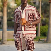 お買い得  メンズプリントシャツセット-男性用 ペーズリー トライバル グラフィック シャツセット シャツ シャツセット アロハシャツ 半袖 キューバンカラー ファッション ストリートファッション デザイナー アウトドア ストリート カジュアル プリント 夏 春 ワイン