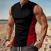 billige Treningsskjorter uten armer-Herre Singleter Vest topp Underskjorte Ermeløs skjorte Ermeløs Henley krage Sommer Fargeblokk Mote Designer Muskel Knapper utendørs Ut på byen Treningssenter Svart Hvit Rød Topp T-skjorte for menn