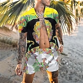 cheap Men&#039;s Printed Shirts Sets-Men&#039;s Coconut Tree Tropical Plants 2pcs Shirts Sets Summer Hawaiian Shirt Short Sleeve Short Pants Cuban Collar Tropical Fashion Hawaiian Street Casual Hawaiian Print Summer Spring Green / Black