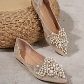 preiswerte Lässig-Hochzeitsschuhe für Braut, Brautjungfer, Damen, geschlossene Zehenpartie, spitze Zehenpartie, Aprikosenschwarze PU-Flats mit Imitationsperlenkristall, flacher Absatz, Hochzeit, Party, Valentinstag, eleganter Klassiker