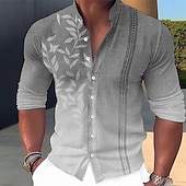 billiga Tropiska växter-Herr Färgblock Kokosnötsträd Löv Skjorta Hawaii skjorta Aloha skjorta Långärmad Skjorta Hög krage Mode Streetwear Designer Utomhus Gata Ledigt Vit Gul Ljusgrön S M L