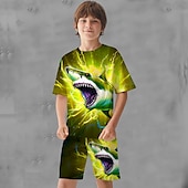 ieftine Animale 3D pentru băieți-Băieți 3D Grafic Animal Rechin Tricou și Pantaloni scurți Set tricouri Set de îmbrăcăminte Manșon scurt Imprimeuri 3D Vară Primăvară Activ Sport Modă Poliester Copii 3-13 ani În aer liber Strad