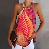 ieftine Bluze &amp; Camisole Damă-Top pentru femei cămașă cu bretele boho cu imprimeu roșu de frunze cu gât halter fără mâneci etnic vară elegant casual cămașă cu bretele