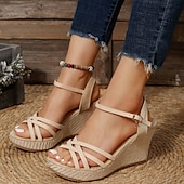 billiga Kilklackssandaler-Beige kilklackade sandaler med flätad platåsula och fotledsrem för kvinnor, sommarskor med öppen tå för semester, strand, boho-outfits och vardagskläder