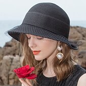 economico Cappelli per feste-cappelli cappello a secchiello in fibra cappello di paglia cappello da sole spiaggia casual elegante protezione solare con copricapo in tulle copricapo