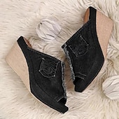 billiga Avslappnade sandaler-damsandaler med kil i jeans – design med öppen tå med sliten fåll och fickdetalj, lediga slip-on mulor för vardagsbruk