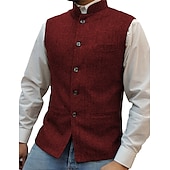 preiswerte Men&#039;s Vest-Herren Weste Nehru-Jacke Urlaub Alltagskleidung Ausgehen Mode Basic Frühling &amp; Herbst Knöpfe Polyester Bequem Einfach Einreihig Stehkragen Normale Passform Silber Wein Schwarz Blau Weste