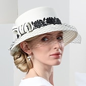 economico Cappelli per feste-cappelli in fibra bombetta / cappello a cloche cappello a secchiello cappello di paglia matrimonio tea party matrimonio elegante con copricapo in velo di pizzo copricapo
