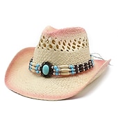 baratos Velho Oeste-Elegante chapéu de palha de vaqueiro ocidental com decoração de corrente de jade falsa tecida à mão – perfeito para passeios de verão na praia!