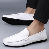 cheap Casual-Men&#039;s White Faux Leather Loafers – Casual Slip-On Driving Shoes for Business &amp; Summer Wear