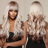 economico Parrucche trendy sintetiche-parrucche ondulate rosse lunghe ombre rosa per le donne parrucche ricci rosa nere con frangia parrucca cosplay radici scure parrucche sintetiche senza colla per l&#039;uso quotidiano delle feste