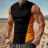 billige Treningsskjorter uten armer-Herre Singleter Vest topp Underskjorte Ermeløs skjorte Ermeløs Henley krage Sommer Fargeblokk Mote Designer Muskel Knapper utendørs Ut på byen Treningssenter Svart Hvit Rød Topp T-skjorte for menn