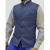 preiswerte Men&#039;s Vest-Herren Weste Nehru-Jacke Urlaub Alltagskleidung Ausgehen Mode Basic Frühling &amp; Herbst Knöpfe Polyester Bequem Einfach Einreihig Stehkragen Normale Passform Silber Wein Schwarz Blau Weste