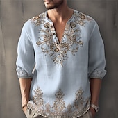 ieftine Model etnic-Bărbați Floral Cămașă Camașă cu nasturi Manșon Lung Modă Șic Stradă Designer În aer liber Zilnic Vară Primăvară Toamnă Guler de stand Imprimeu Albastru piscină Kaki Gri
