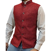 preiswerte Men&#039;s Vest-Herren Weste Nehru-Jacke Urlaub Alltagskleidung Ausgehen Mode Basic Frühling &amp; Herbst Knöpfe Polyester Bequem Einfach Einreihig Stehkragen Normale Passform Silber Wein Schwarz Blau Weste