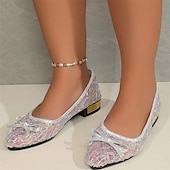 billige Flate sko til kvinner-Dame Flate sko Store størrelser Sparkly Sandaler Komfort Sko utendørs Daglig Helfarge Sommer Sløyfe Blonder Tykk hæl Spisstå Elegant Fritid PU Tøfler Sølv Gull