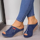 billiga Avslappnade sandaler-damsandaler med kil i jeans – design med öppen tå med sliten fåll och fickdetalj, lediga slip-on mulor för vardagsbruk