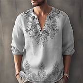 ieftine Model etnic-Bărbați Floral Cămașă Camașă cu nasturi Manșon Lung Modă Șic Stradă Designer În aer liber Zilnic Vară Primăvară Toamnă Guler de stand Imprimeu Albastru piscină Kaki Gri