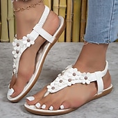 cheap Vacation Sandals-Women&#039;s Floral Embellished T-Strap Sandals with Cushioned Sole – Perfect for Casual Summer Outings