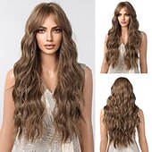 abordables Perruques Synthétiques Sans Bonnet-longue perruque rose pâle ondulée pour les femmes frange perruque cheveux synthétiques bouclés aspect naturel fibre résistante à la chaleur pour la fête quotidienne cosplay porter