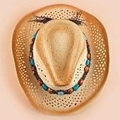 baratos Velho Oeste-Elegante chapéu de palha de vaqueiro ocidental com decoração de corrente de jade falsa tecida à mão – perfeito para passeios de verão na praia!