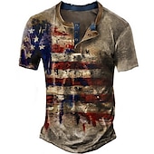 Independence Day American Flag T-Shirt Mens Graphic Henley National Clothing Apparel 3D Print Outdoor Daily Short Sleeve Button Down Fashion Designer Comfortable Vintage 4Th Of July Brown Cotton Butto3