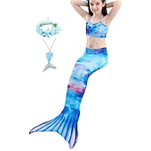 voordelige Zeemeermin badpak-Kinderen Voor meisjes Vijf stuk Zeemeermin zwemkleding Badmode Bikini Strand Zwemmen Regenboog Tie Dye leuke Style Badpakken 3-10 jaar Zomer Licht Blauw Kleurrijk