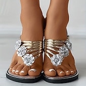 billige Uformelle sandaler-rhinestone-utsmykkede gull slip-on sandaler, stilige flate sommersko for strand-, fritids- og ferieklær