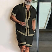 abordables Ensembles de chemises imprimées pour hommes-Homme Géométrie Ethnique 2 pièces Ensembles de chemises Chemise hawaïenne Manche Courte Pantalon court Col cubain Mode Streetwear Designer Extérieur Rue Quotidien Imprimé Été Printemps Noir Jaune Bleu