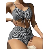 cheap Vintage Swimwear-2 pcs Swimwear Bikini Swimsuits Y2K Women&#039;s Striped Polyester Black Blue Bra Briefs