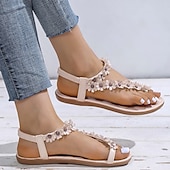 cheap Vacation Sandals-Women&#039;s Floral Embellished T-Strap Sandals with Cushioned Sole – Perfect for Casual Summer Outings
