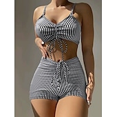 cheap Vintage Swimwear-2 pcs Swimwear Bikini Swimsuits Y2K Women&#039;s Striped Polyester Black Blue Bra Briefs