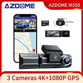 abordables DVR pour voiture-Caméra de tableau de bord azdome m550 3 canaux, caméra de tableau de bord de voiture à trois voies avant intérieur arrière, double canal 4k + 1080p avec vision nocturne gps wifi ir
