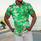 cheap Men&#039;s Casual Shirts-Men&#039;s Shirt Summer Shirt Casual Shirt Beach Shirt Summer Hawaiian Shirt Button Up Shirt Navy Blue Blue Green Short Sleeve Coconut Tree Flamingos Turndown Street Daily Print Clothing Apparel Polyester