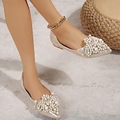 preiswerte Lässig-Hochzeitsschuhe für Braut, Brautjungfer, Damen, geschlossene Zehenpartie, spitze Zehenpartie, Aprikosenschwarze PU-Flats mit Imitationsperlenkristall, flacher Absatz, Hochzeit, Party, Valentinstag, eleganter Klassiker
