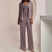 voordelige Broekpakken van mama-Jumpsuit  Pantalon 3-delige Moeder van de Bruid Formeel Bruids Gast Elegant Vintage Scoop Hals Enkel Lengte Chiffon Kant Mouwloos 3/4 Lengte Mouw met Applicaties vrije maat