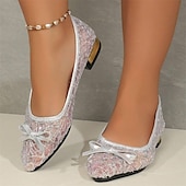 billige Flate sko til kvinner-Dame Flate sko Store størrelser Sparkly Sandaler Komfort Sko utendørs Daglig Helfarge Sommer Sløyfe Blonder Tykk hæl Spisstå Elegant Fritid PU Tøfler Sølv Gull