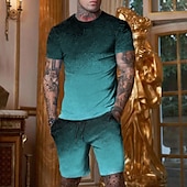 billige T-skjorter med trykk for menn-Herre Grafisk Gradert 2stk T-skjorter sett Shorts og T-skjorte sett T-skjorte antrekk T-skjorte i dobbel farge Kortermet Crew-hals Designer Fritid Bekvem utendørs Feriereise Daglig 3D-utskrift 2 deler