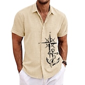 economico Camicia vintage-Per uomo Navy Ancora Vintage ▾ Camicia Camicia con bottoni Manica corta Vintage Di tendenza Originale Esterno Informale Estate Primavera Collo ripiegabile Stampa Bianco Blu Verde Cachi Grigio