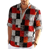 abordables Diseño Geométrico-Hombre Ajedrez Retazos Diseño Geométrico Camisa Abotonar la camisa Manga Larga Moda Ropa de calle Design Casual Noche Verano Primavera Otoño Escote Chino Estampado Caqui+Caqui Negro Blanco Amarillo
