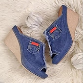 billiga Avslappnade sandaler-damsandaler med kil i jeans – design med öppen tå med sliten fåll och fickdetalj, lediga slip-on mulor för vardagsbruk