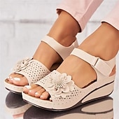 preiswerte Komfortsandalen-Rote Damen-Keilsandalen mit floralen Verzierungen und verstellbarem Fesselriemen für Sommer- und Freizeit-Outfits