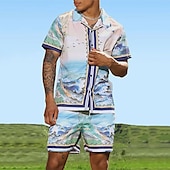 cheap Men&#039;s Printed Shirts Sets-Men&#039;s Butterfly Leaves 2pcs Shirts Sets Summer Hawaiian Shirt Short Sleeve Short Pants Cuban Collar Tropical Fashion Hawaiian Casual Holiday Beach Print Summer Spring Black Black / Green Light Green