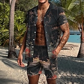 cheap Men&#039;s Printed Shirts Sets-Men&#039;s Coconut Tree Tropical Plants 2pcs Shirts Sets Summer Hawaiian Shirt Short Sleeve Short Pants Cuban Collar Tropical Fashion Hawaiian Street Casual Hawaiian Print Summer Spring Green / Black