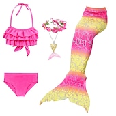 billiga Mermaid Baddräkt-Barn Flickor Fem bitar Badkläder för sjöjungfrun Badkläder Bikini Simning Regnbåge söt stil Sexig Mönster Baddräkter 3-10 år Sommar Stor Lila Blå